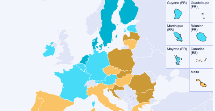 Eine Landkarte von Europa, wobei die jeweiligen Länder in unterschiedlichen Farben eingefärbt sind