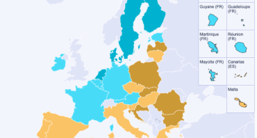 Eine Landkarte von Europa, wobei die jeweiligen Länder in unterschiedlichen Farben eingefärbt sind