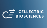 Ein blauer Hintergrund, auf dem ein weißes abstraktes Logo zu sehen ist, sowie der Schriftzug Cellectric Biosciences