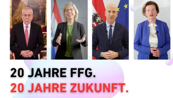 Bilder von Bundespräsident Alexander van der Bellen, Minister Kocher, Ministerin Gewessler und Tumper-Gugerell. Darunter steht 20 Jahre FFG 20 Jahre Zukunft